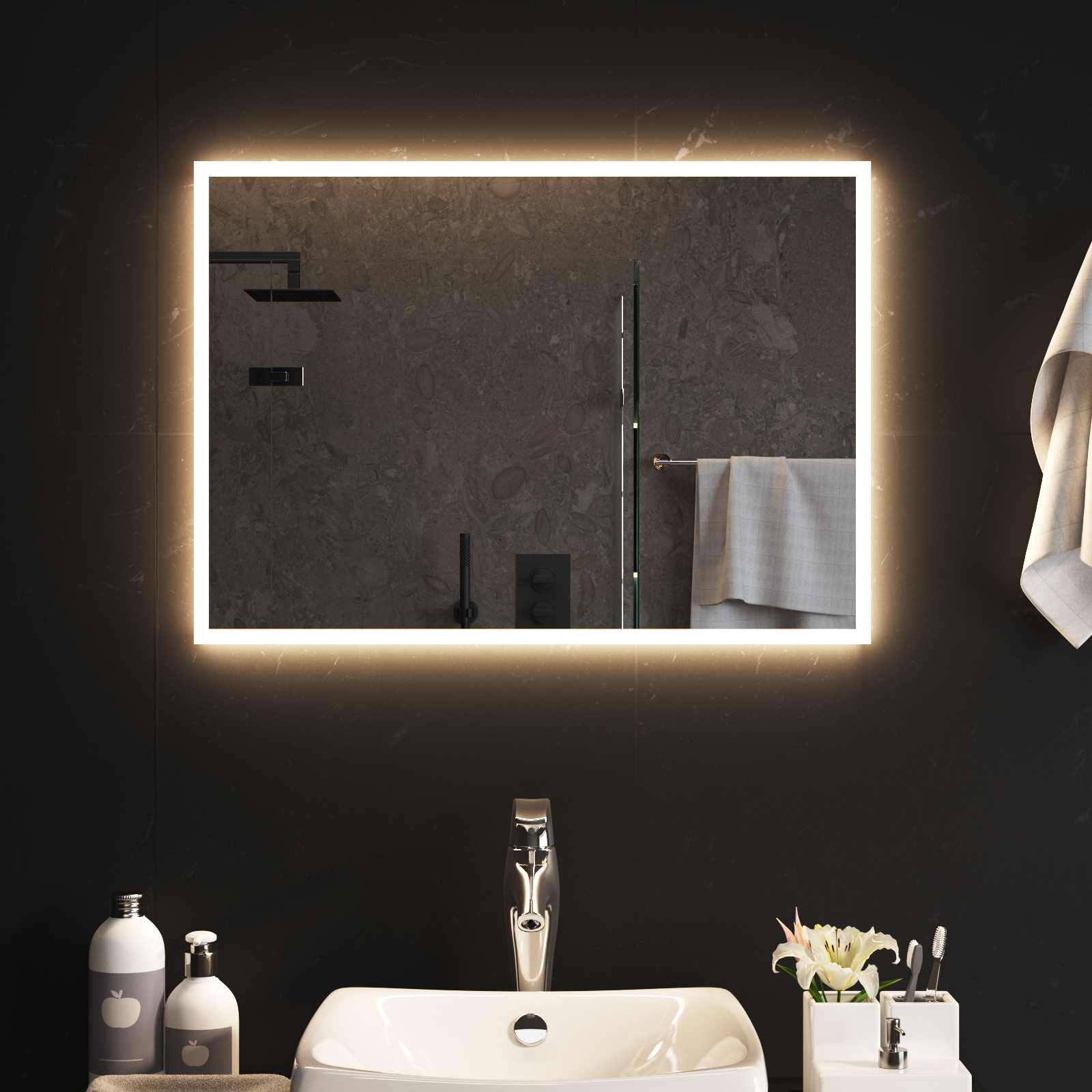 vidaXL LED Bathroom Mirror Transparent 70 x 50 cm Tempered Glass 3