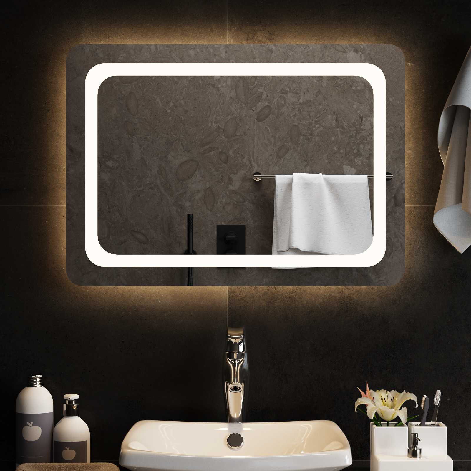 vidaXL LED Bathroom Mirror Transparent 70 x 50 cm Tempered Glass 3