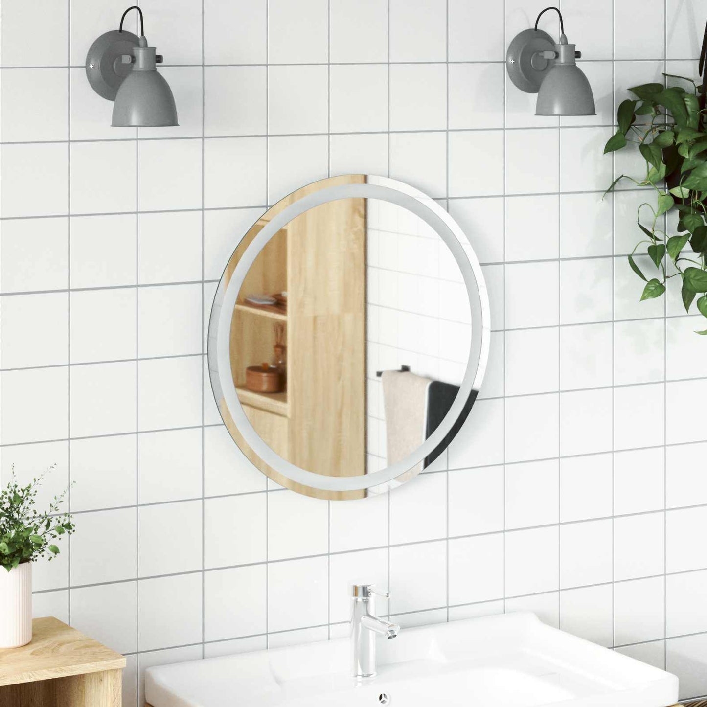 vidaXL LED Bathroom Mirror Transparent Ø 60 cm Tempered Glass 1