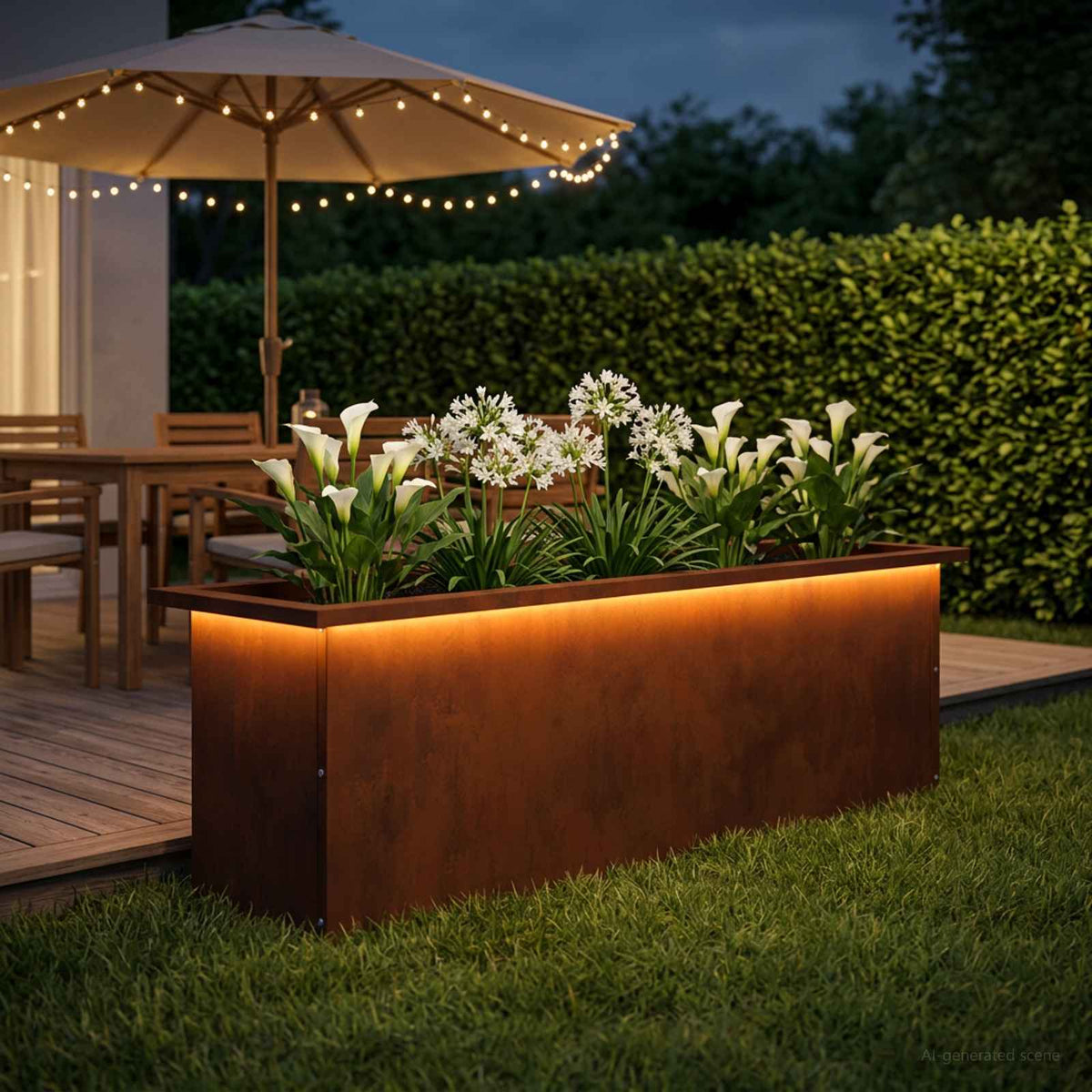 Garden Planter with LED 30 x 100 x 30 cm Steel 1 Width 30 cm Depth 100 cm Weathering steel