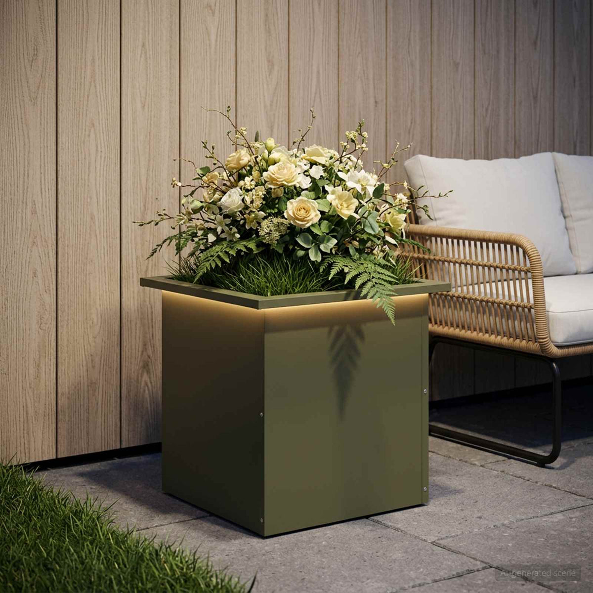 vidaXL Garden Planter with LED Olive Green 40 x 40 x 40 cm Steel 1