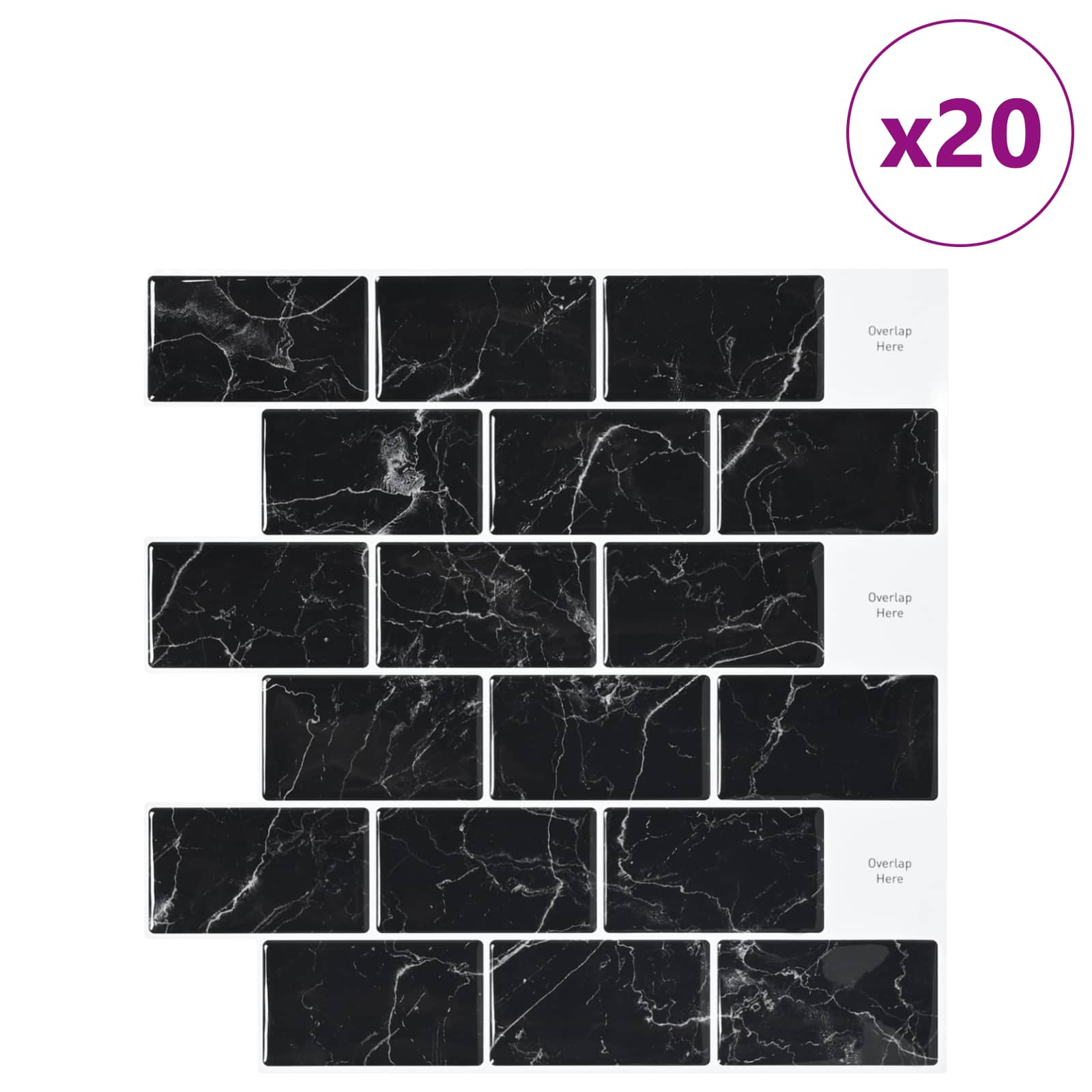 vidaXL Subway Tile 20 pcs Black Marble 30 x 30 cm Polyurethane and PET 2