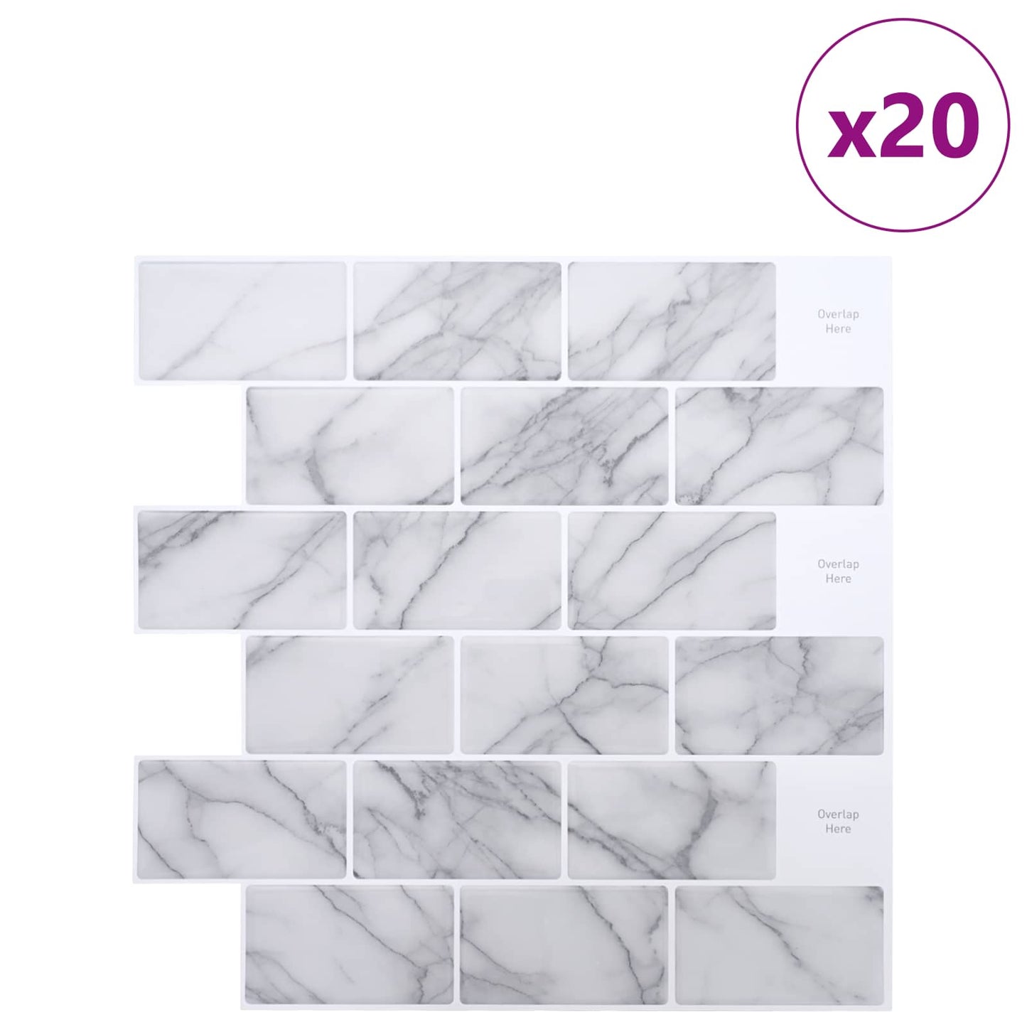 vidaXL Subway Tile 20 pcs White Marble 30 x 30 cm Polyurethane and PET 2