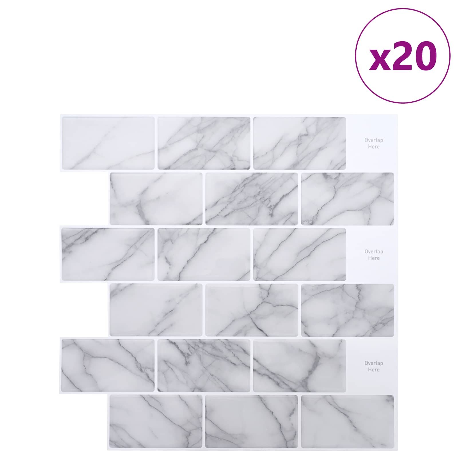 vidaXL Subway Tile 20 pcs White Marble 30 x 30 cm Polyurethane and PET 2