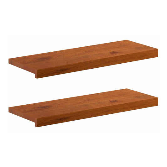Two brown solid oak wood stair treads shown from a top angle