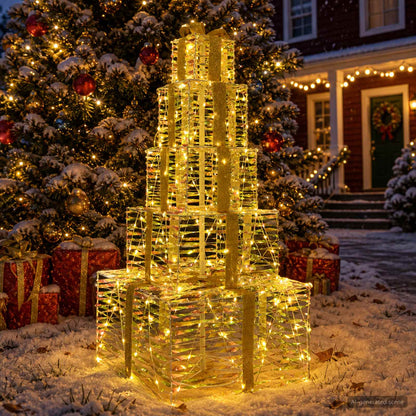 Christmas LED Gift Box Stack 250 LEDs Warm White Iridescent PET