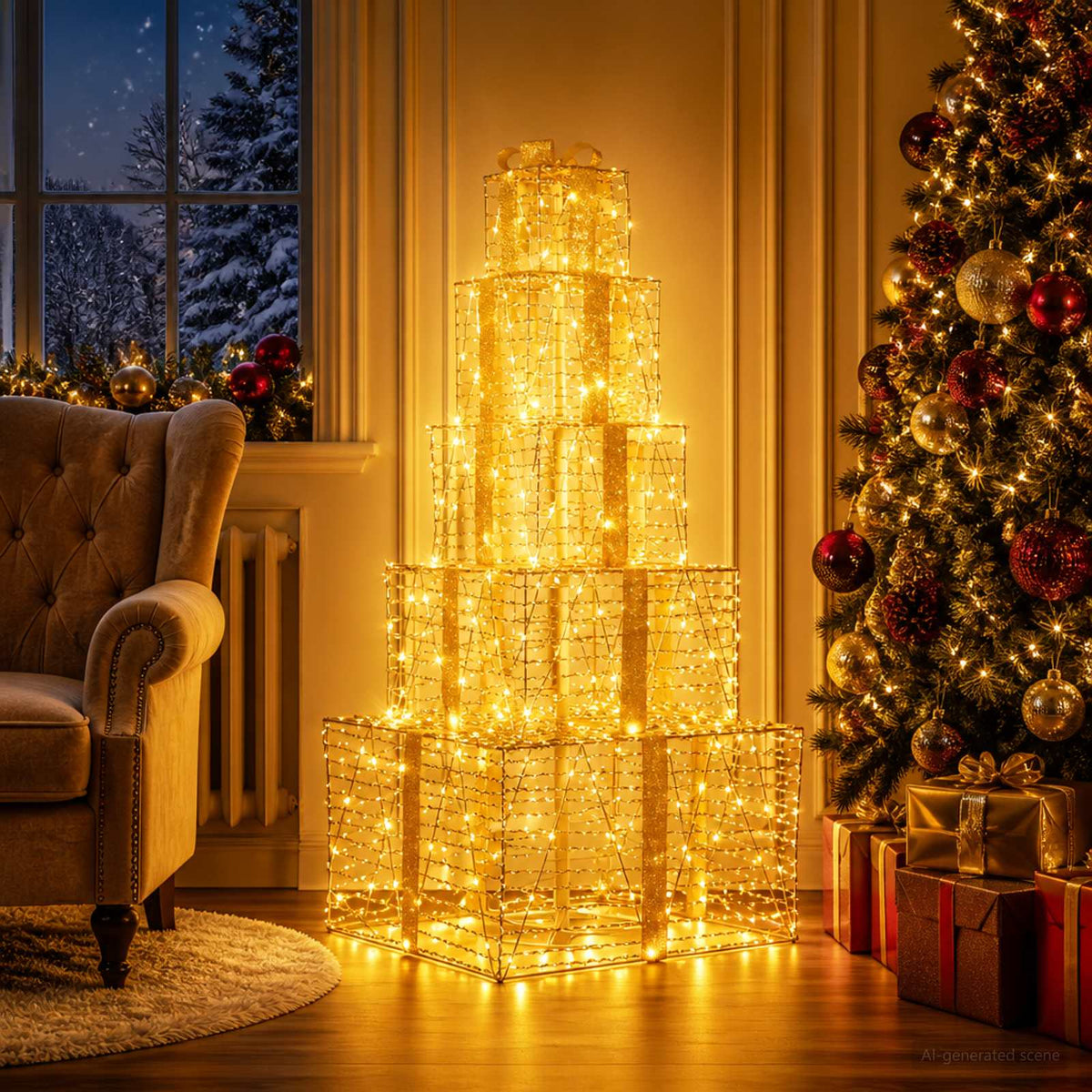 Christmas LED Gift Box Stack 250 LEDs Warm White Gold PET