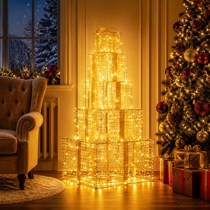Christmas LED Gift Box Stack 250 LEDs Warm White Gold PET