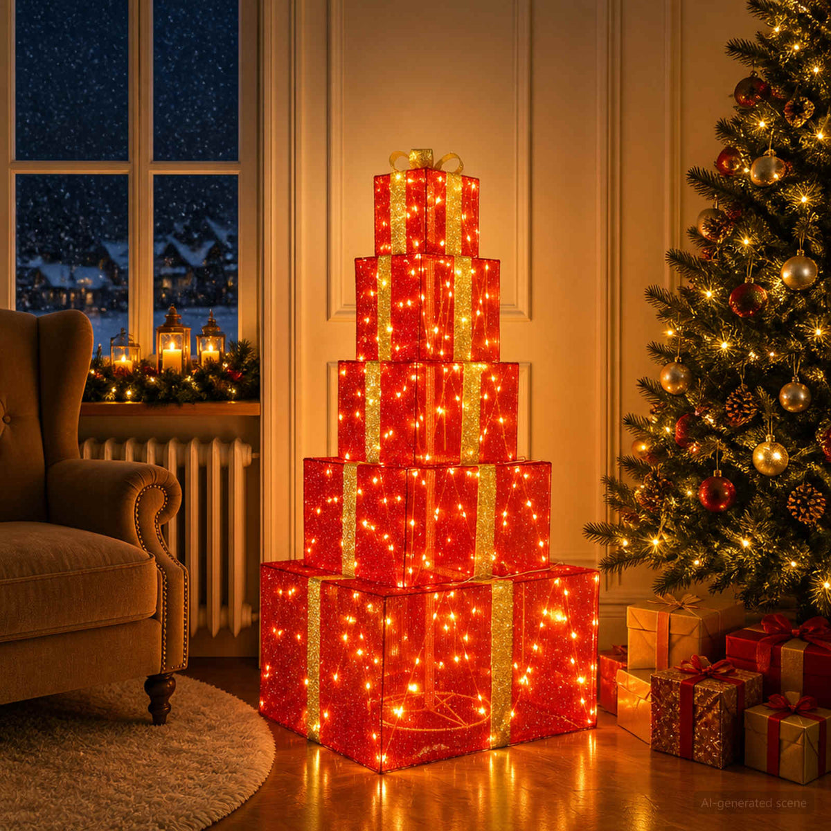 Christmas LED Gift Box Stack 250 LEDs Warm White Red Fabric