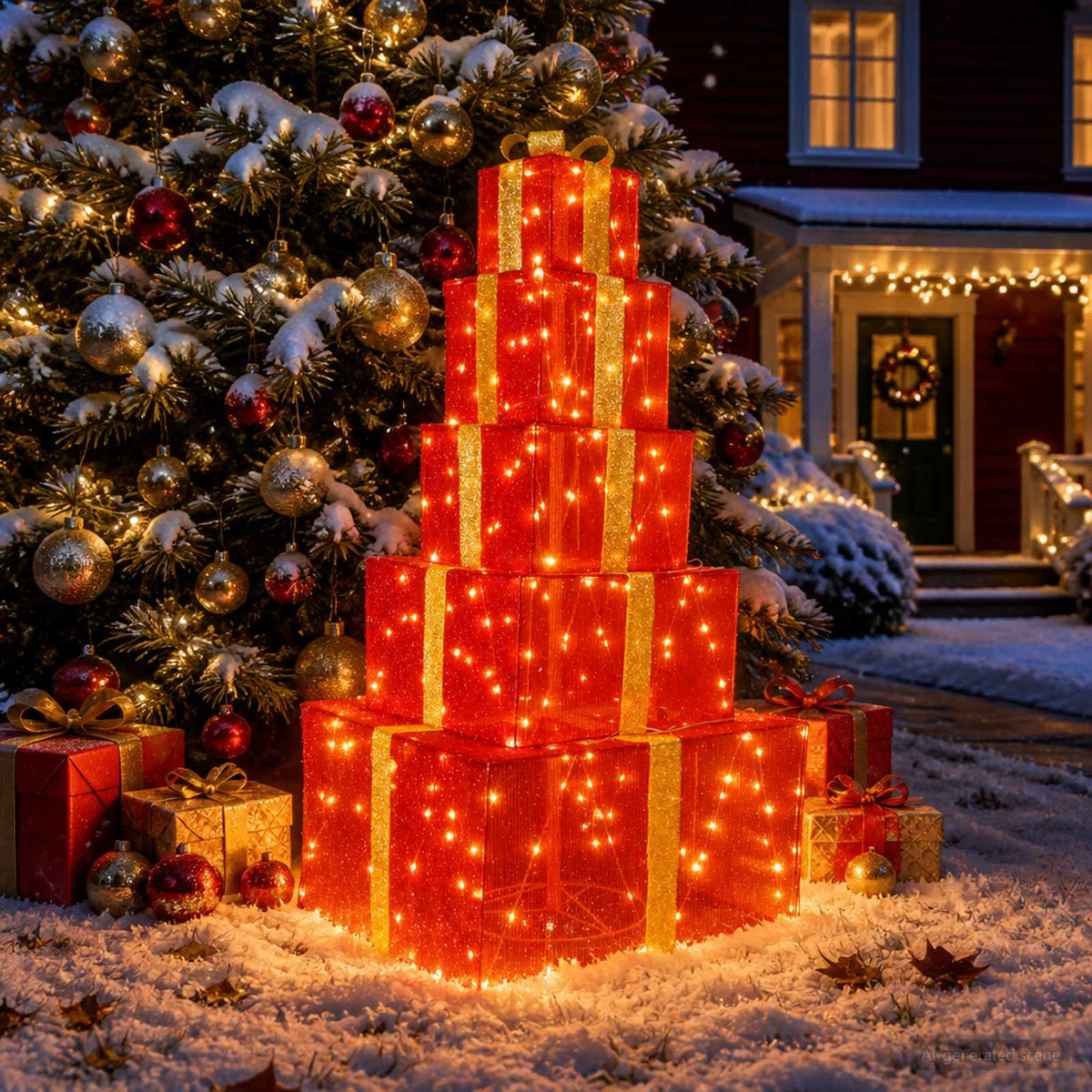 Christmas LED Gift Box Stack 250 LEDs Warm White Red Fabric