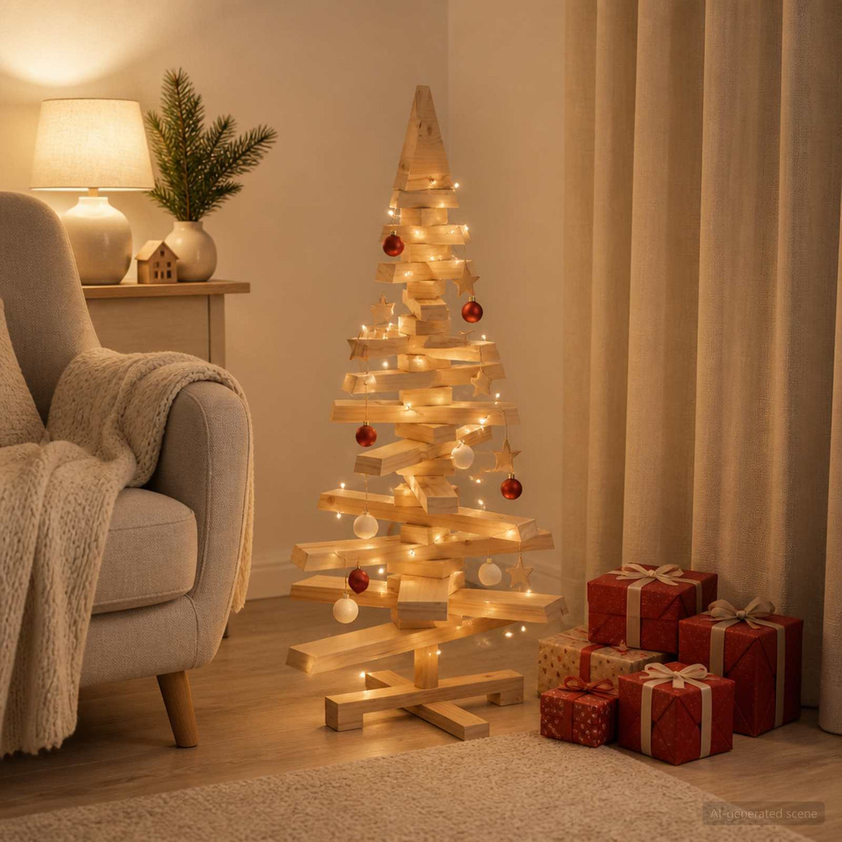 Wooden Christmas Tree KOTKA Solid Pine Wood Brown finish 90 cm