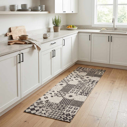 vidaXL Kitchen Rug Grey Mosaic 300 x 60 cm 100% Polyamide Washable 1