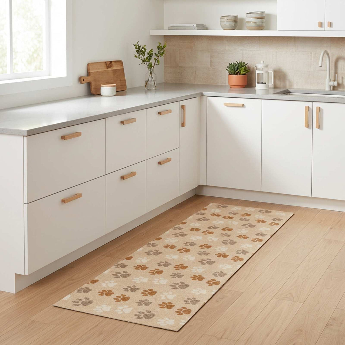 vidaXL Kitchen Rug Beige Paws 300 x 60 cm 100% Polyamide Washable 1