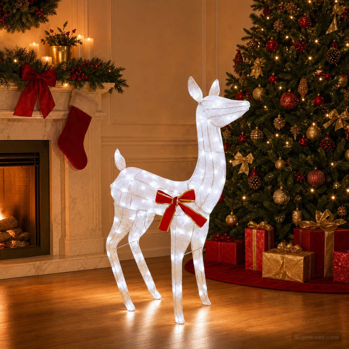 3D Christmas Reindeer LOVIISA 110 LEDs Warm White Width 70 cm White fabric