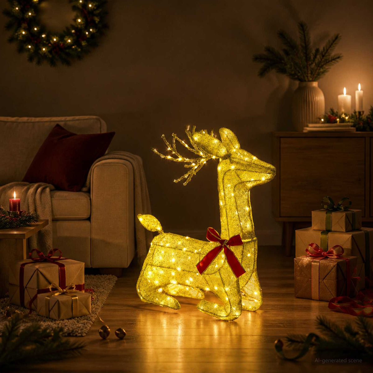 3D Christmas Reindeer LOVIISA 140 LEDs Warm White Gold fabric