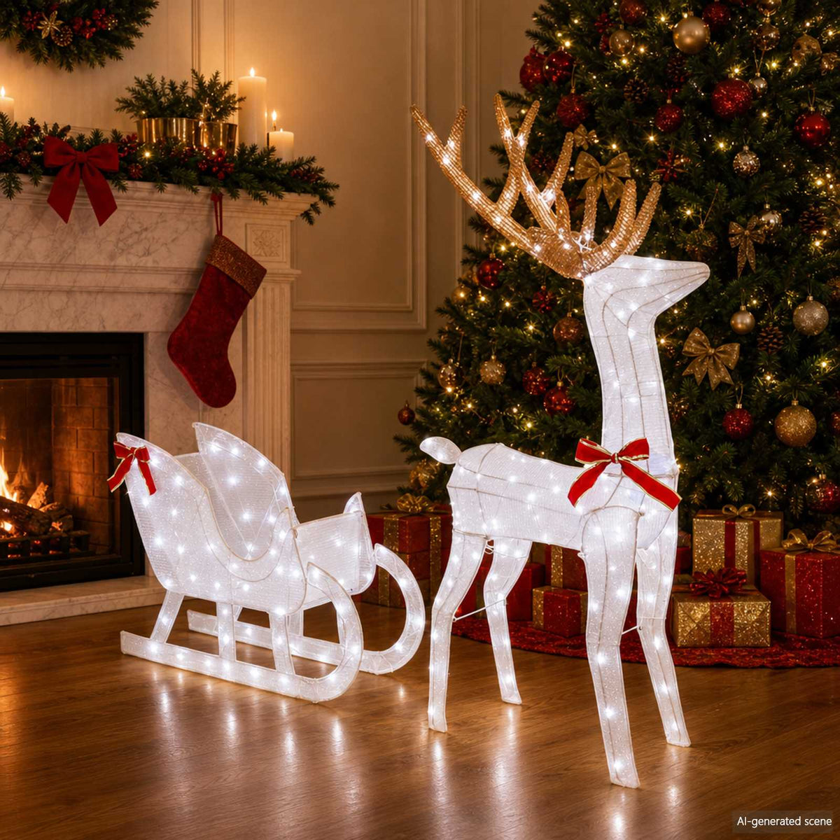 Reindeer Pull Sleigh LOVIISA 2 pcs 200 LEDs Warm White White fabric