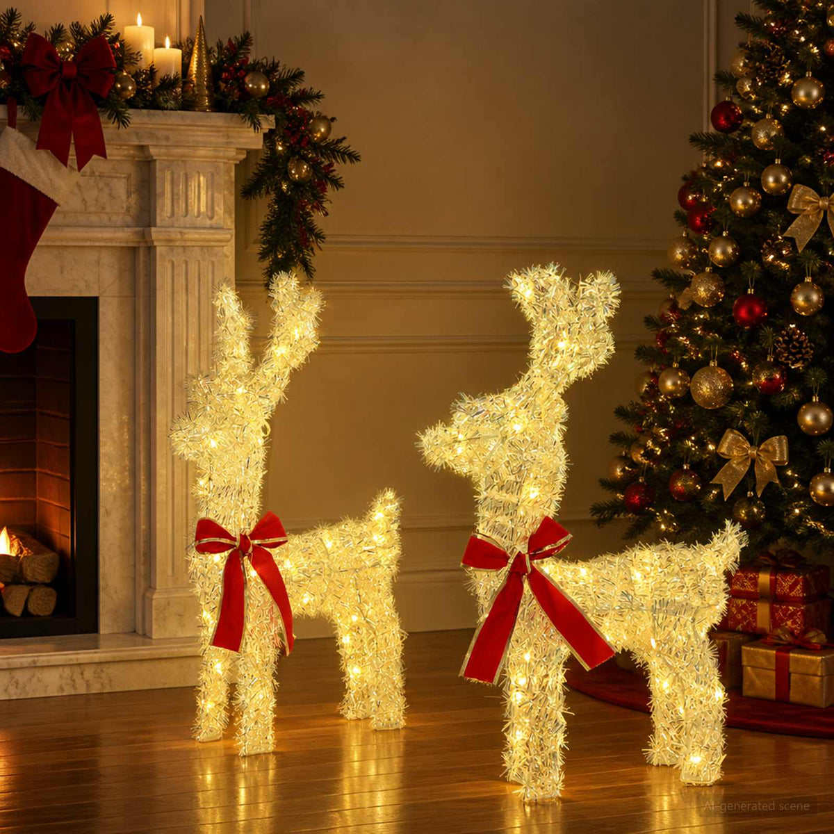 3D Christmas Reindeer LOVIISA 2 pcs 80 LEDs Warm White Iridescent tinsel