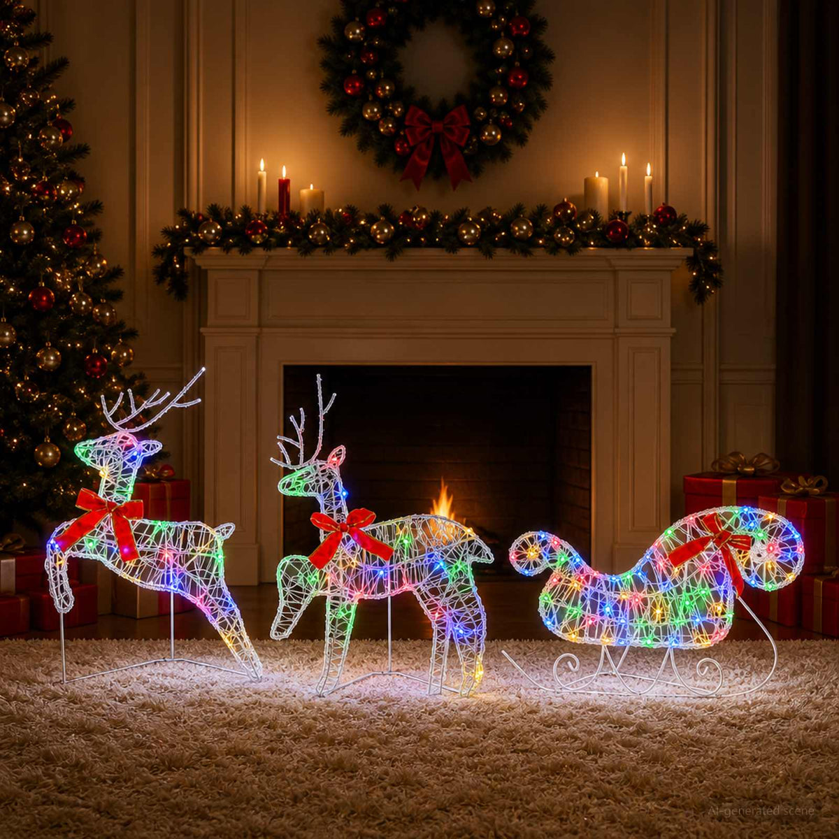 Christmas Reindeer with Sleigh 3 pcs 60 LEDs Multicolour