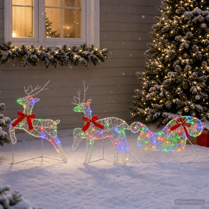Christmas Reindeer with Sleigh 3 pcs 60 LEDs Multicolour