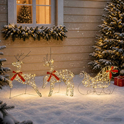 Christmas Reindeer with sleigh 60 LEDs Warm White Rattan 3