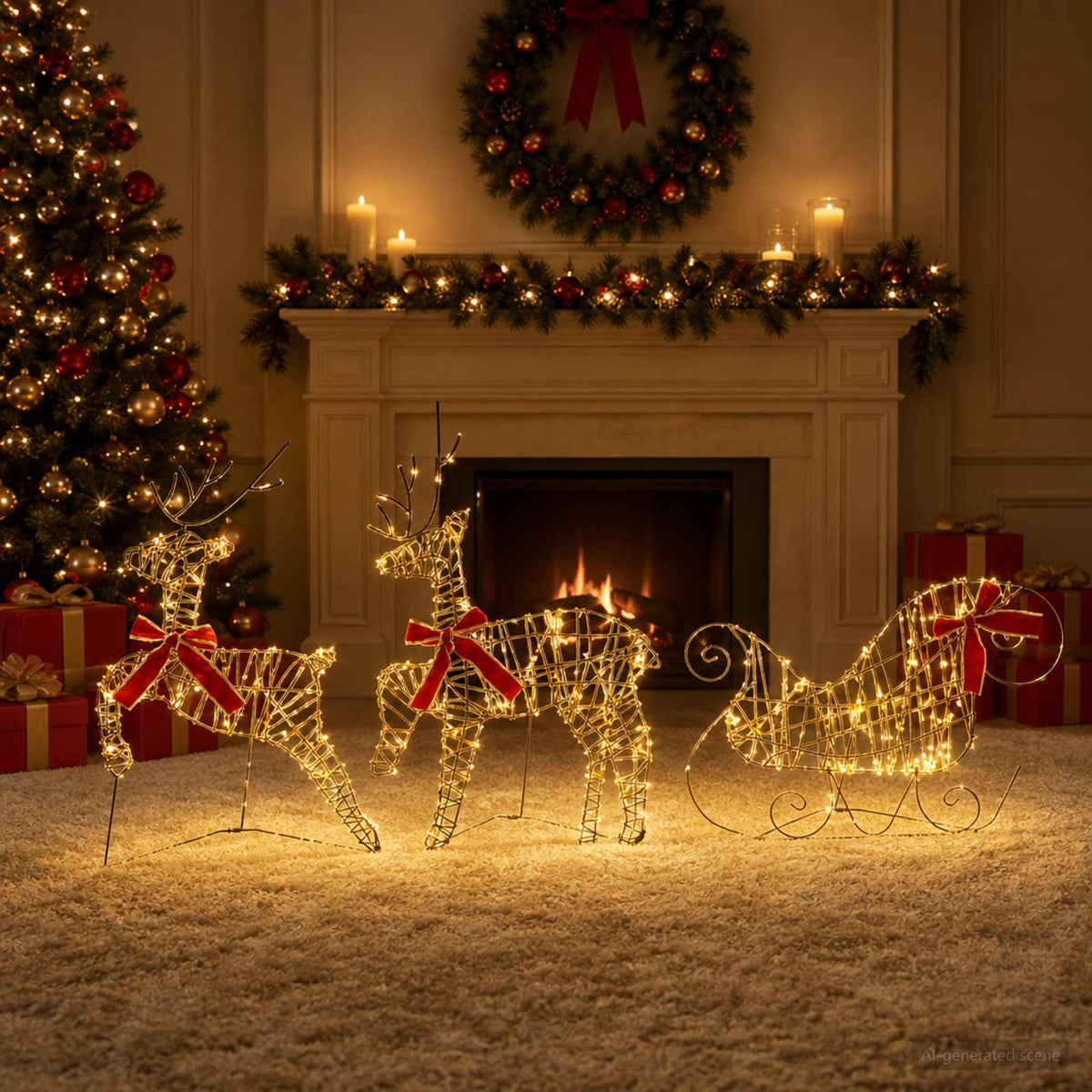 Christmas Reindeer with sleigh 60 LEDs Warm White Rattan 3