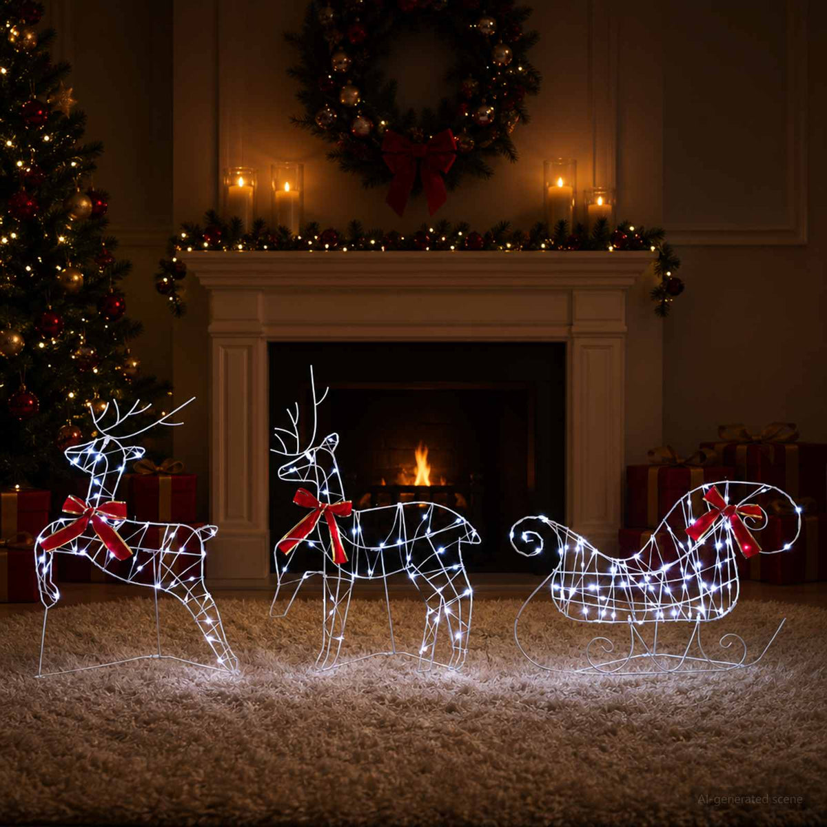Christmas Reindeer with sleigh 60 LEDs Warm White Transparent string 3