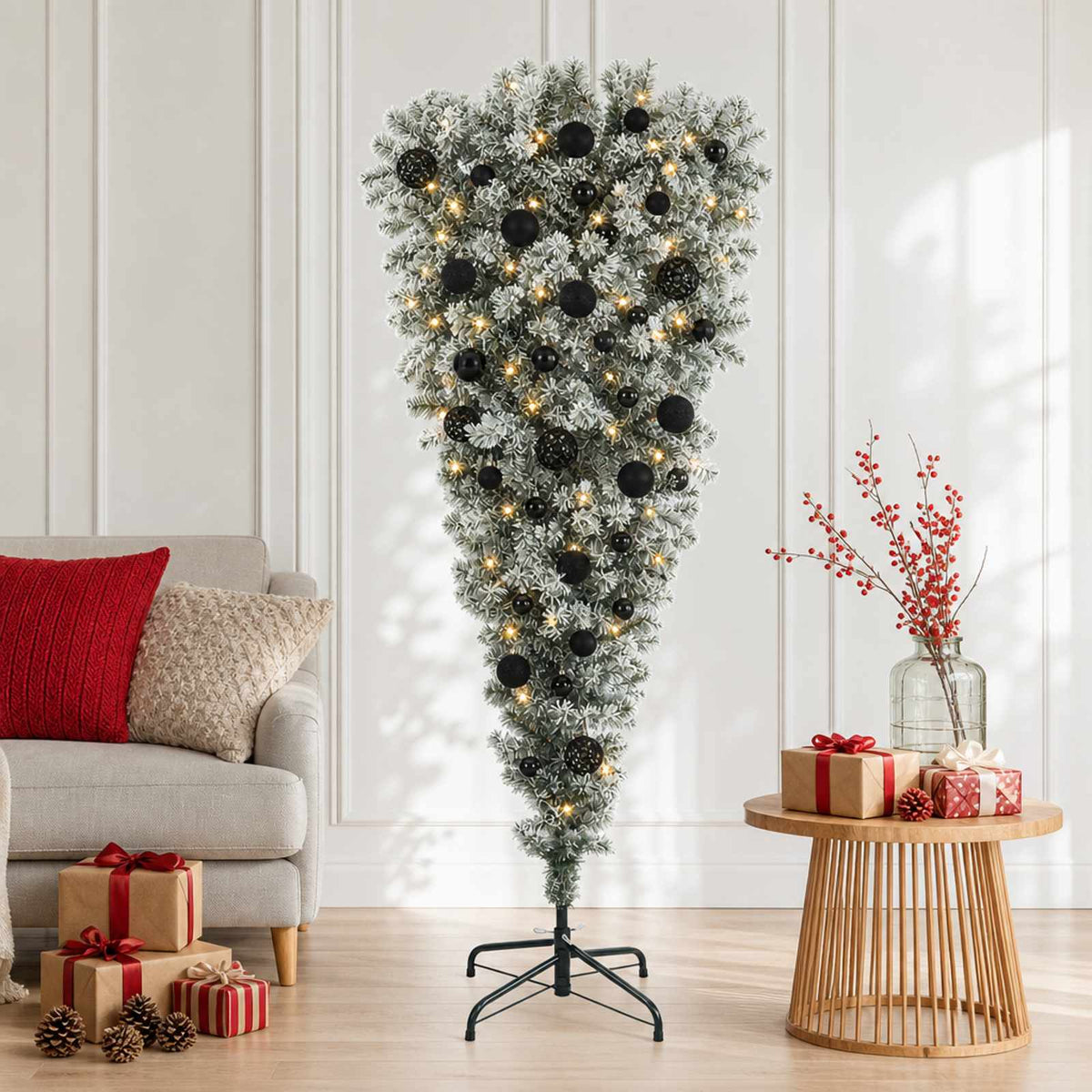 Upside-down Artificial Hinged Christmas Tree 150 LEDs with LEDs & black balls