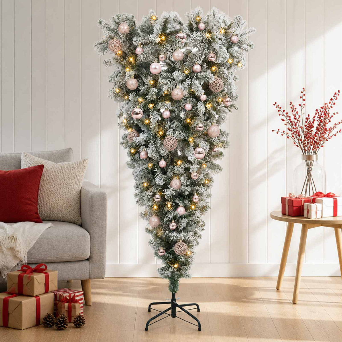 Upside-down Artificial Hinged Christmas Tree 150 LEDs with LEDs & pink balls