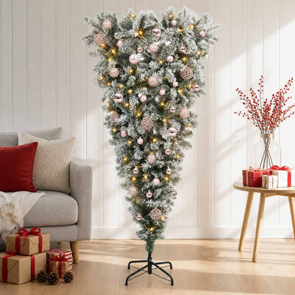 Upside-down Artificial Hinged Christmas Tree 150 LEDs with LEDs & pink balls