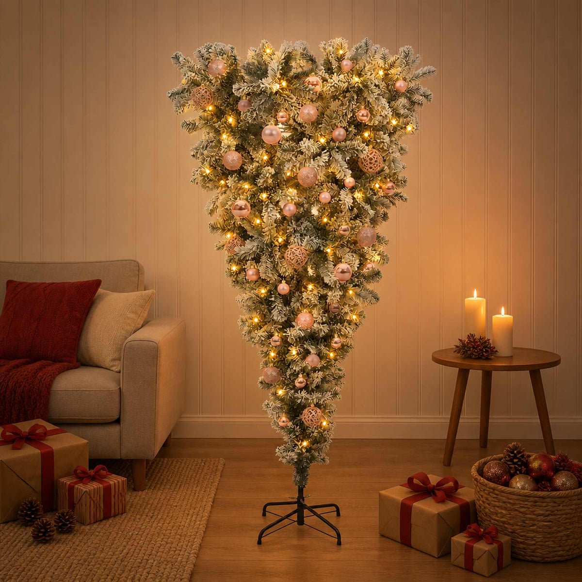 Upside-down Artificial Hinged Christmas Tree 150 LEDs with LEDs & pink balls