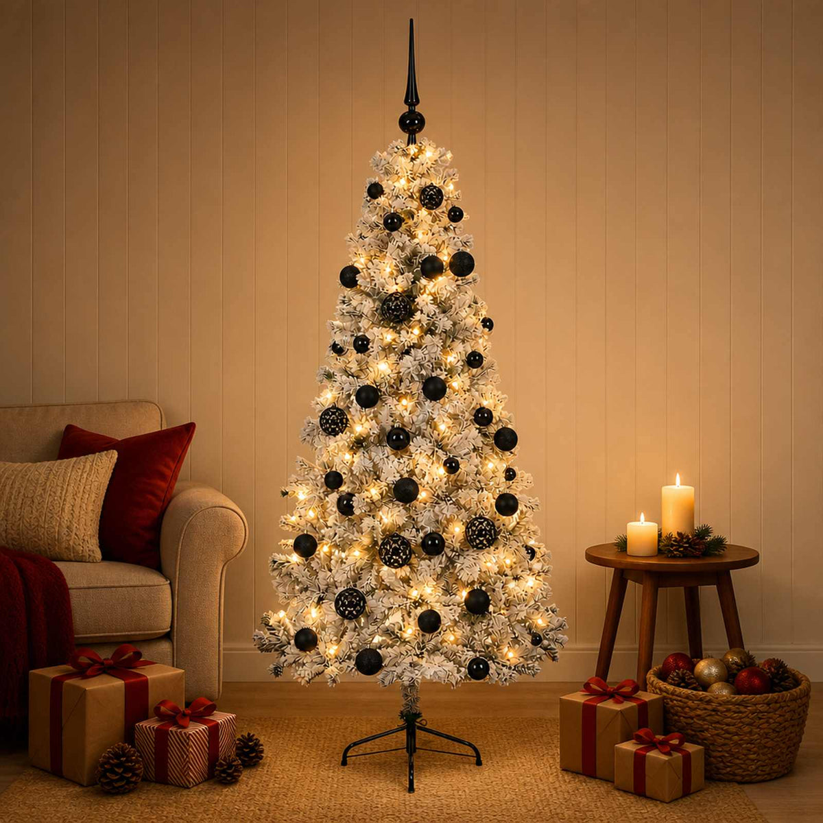 Artificial Christmas Tree with Bauble 150 LEDs 150 cm with LEDs & black balls