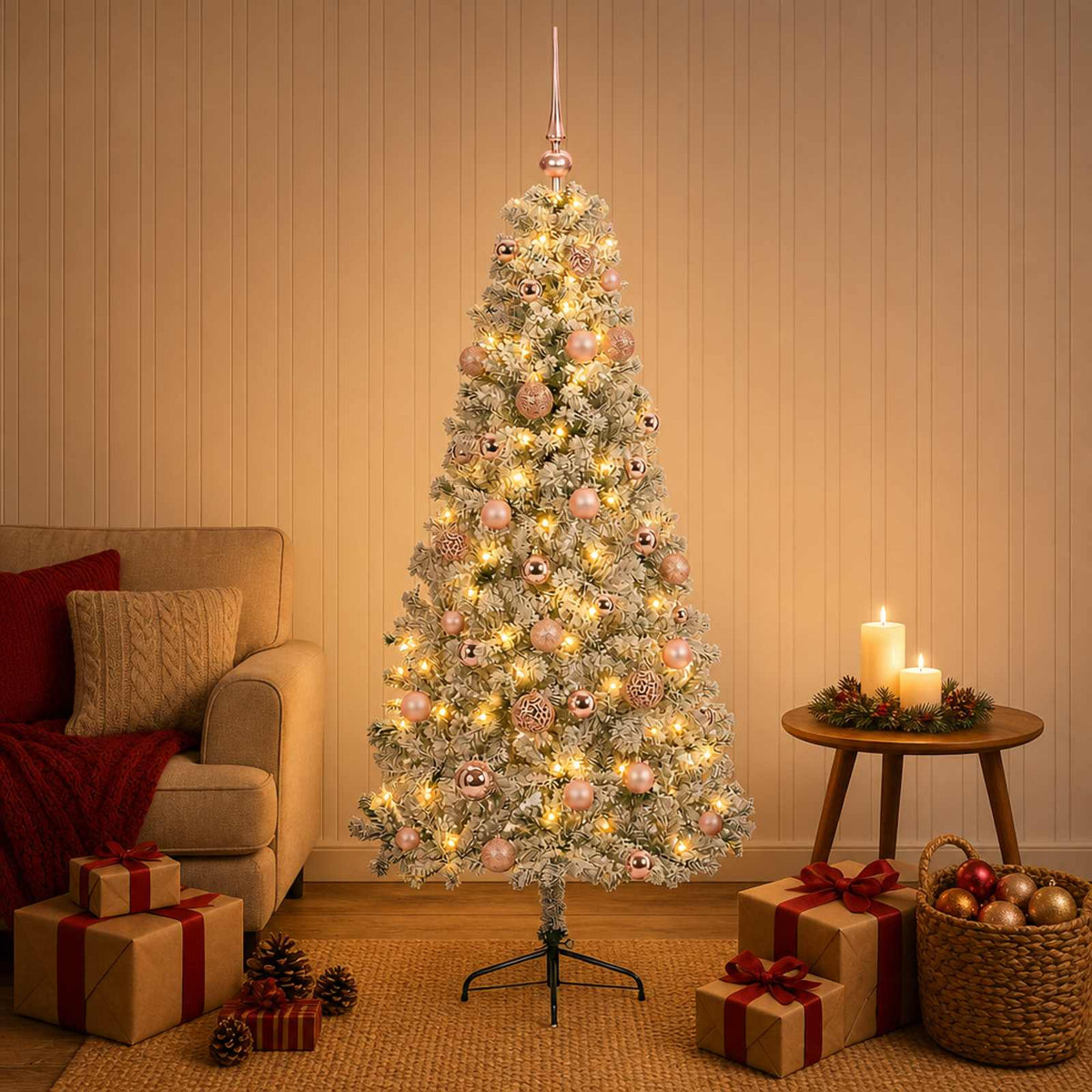 Artificial Christmas Tree with Bauble 150 LEDs 150 cm with LEDs & pink balls