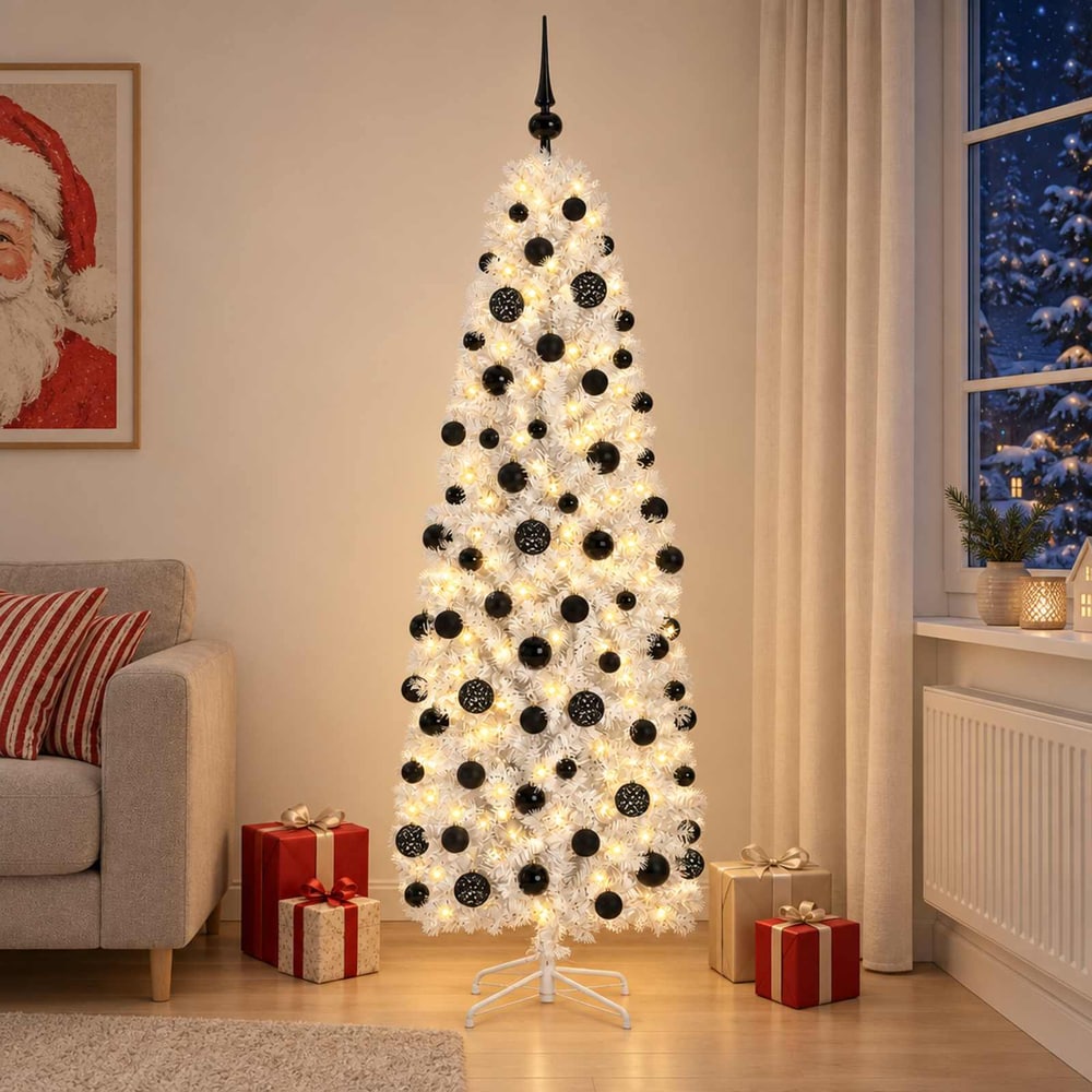 Artificial Slim Christmas Tree Bauble LEDs black balls
