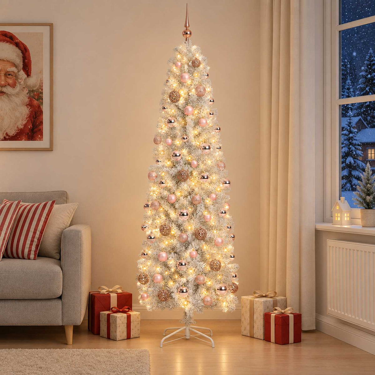 Artificial Slim Christmas Tree Bauble LEDs pink balls