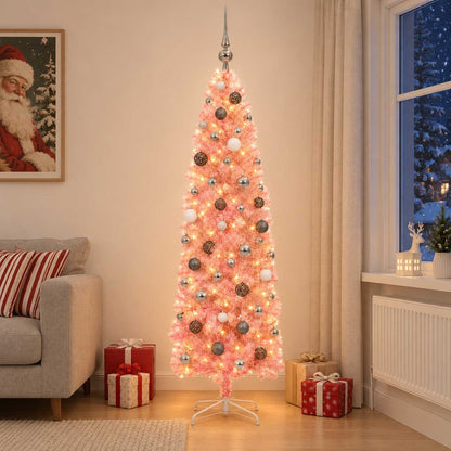 Artificial Slim Christmas Tree Bauble LEDs white/grey balls