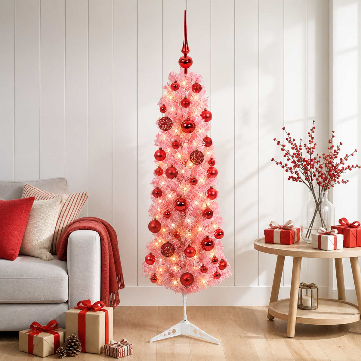 vidaXL Artificial Slim Christmas Tree with Bauble 150 LEDs 150 cm