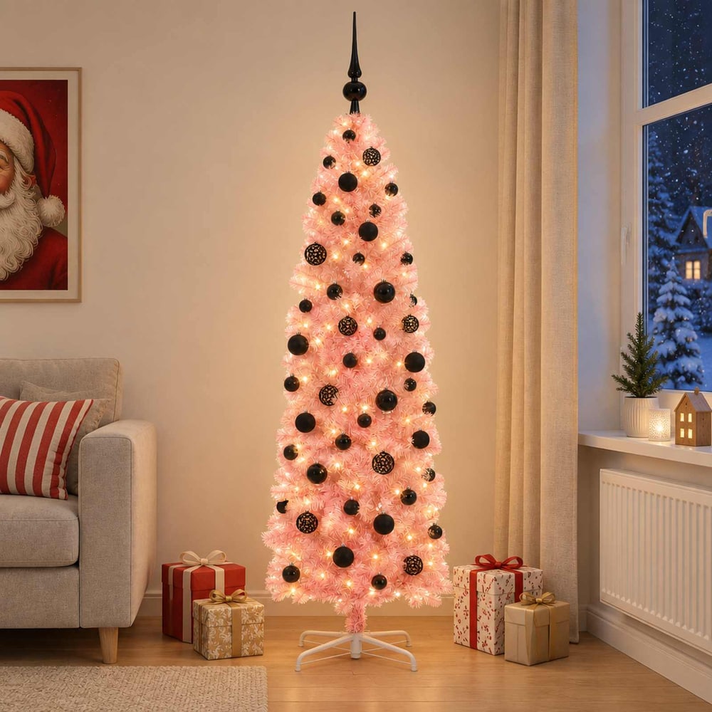 Artificial Slim Christmas Tree Bauble LEDs black balls