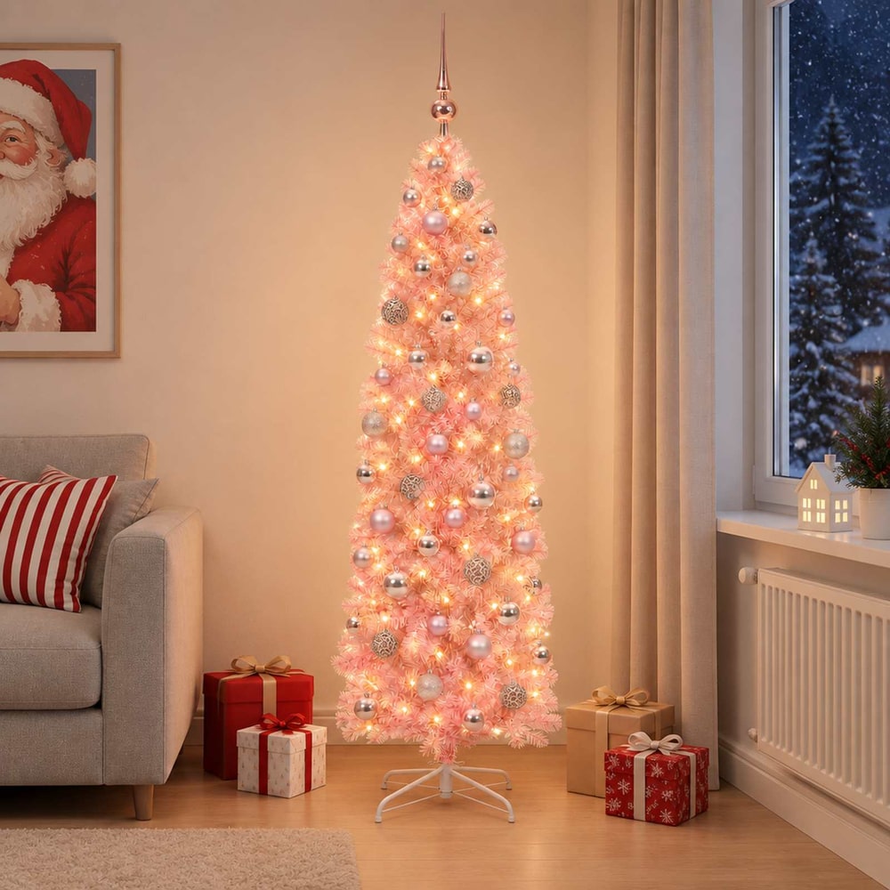 Artificial Slim Christmas Tree Bauble LEDs pink balls