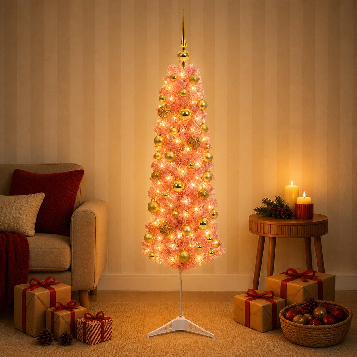Artificial Slim Christmas Tree with Bauble 150 LEDs 150 cm with LEDs & gold/bronze balls