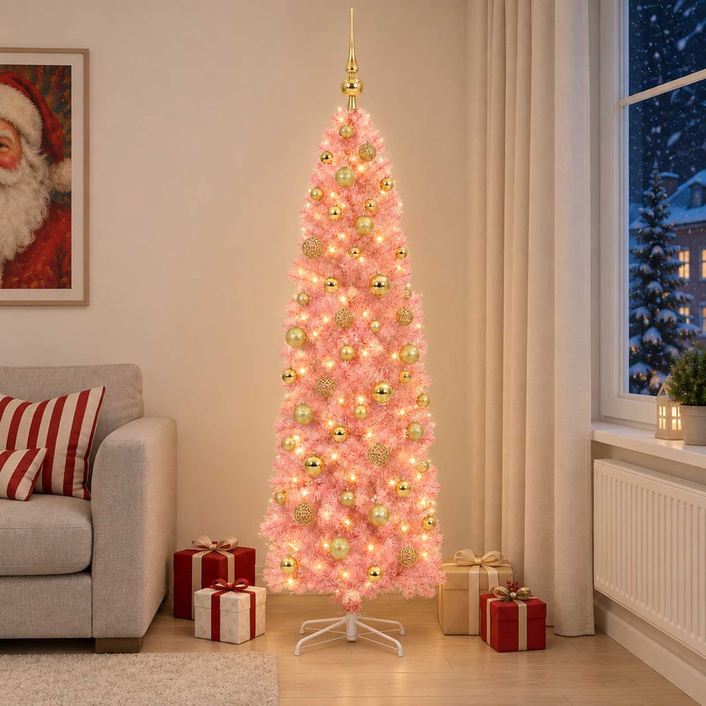Artificial Slim Christmas Tree Bauble LEDs gold/bronze balls
