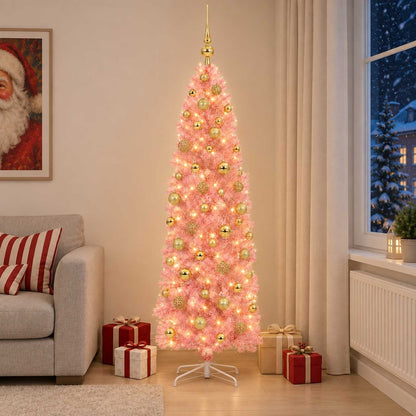 Artificial Slim Christmas Tree Bauble LEDs gold/bronze balls