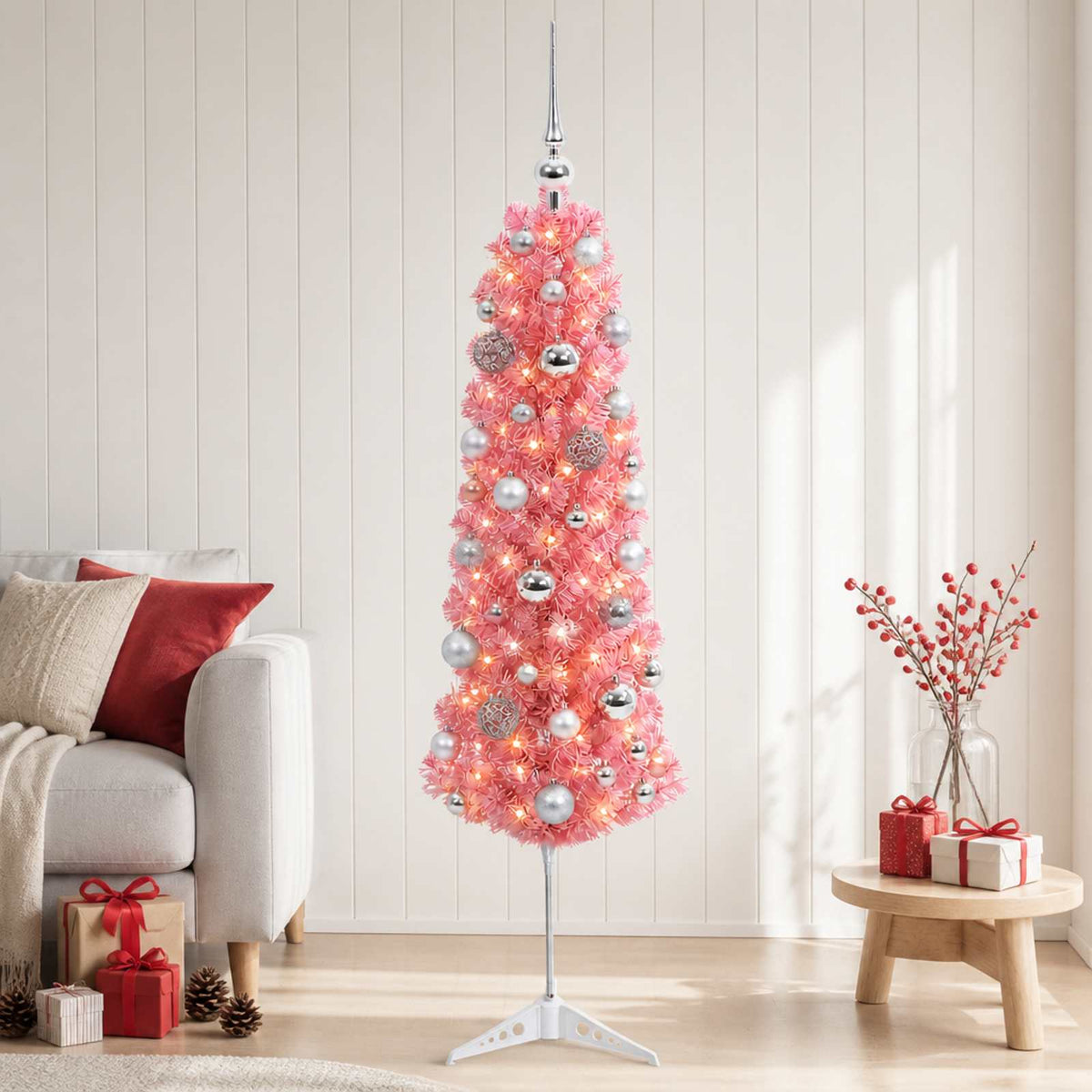 Artificial Slim Christmas Tree with Bauble 150 LEDs 150 cm with LEDs & silver balls