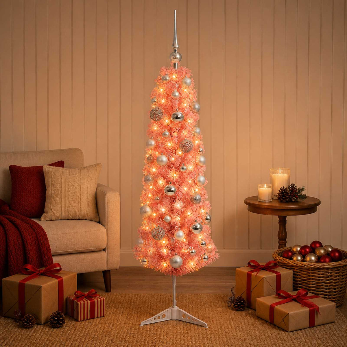 Artificial Slim Christmas Tree with Bauble 150 LEDs 150 cm with LEDs & silver balls