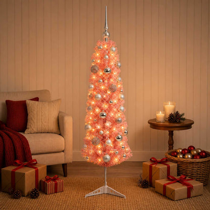 Artificial Slim Christmas Tree with Bauble 150 LEDs 150 cm with LEDs & silver balls