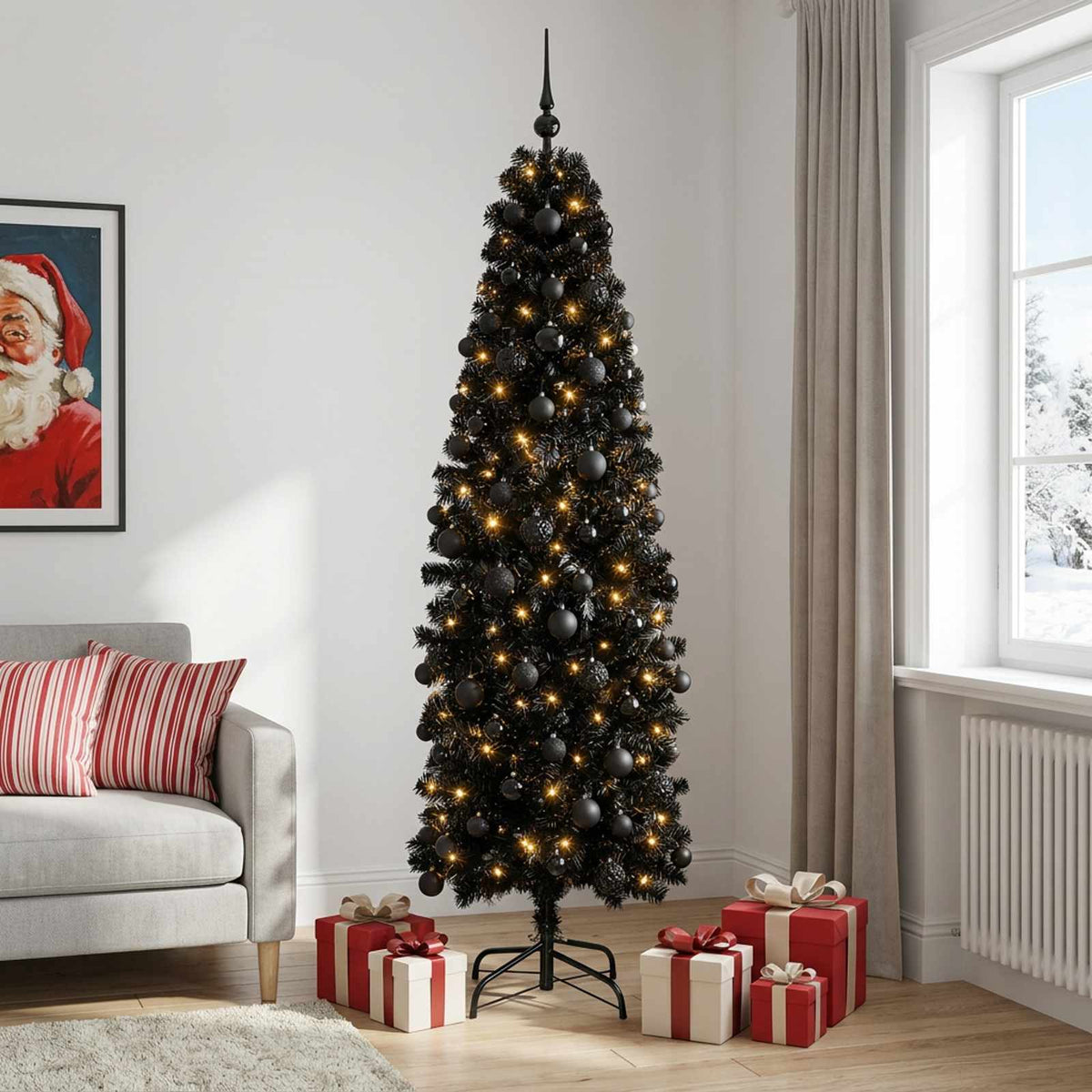Artificial Slim Christmas Tree Bauble LEDs black balls