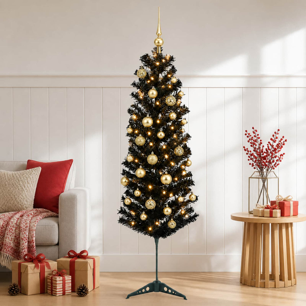 vidaXL Artificial Slim Christmas Tree with Bauble 150 cm 150 LEDs 1