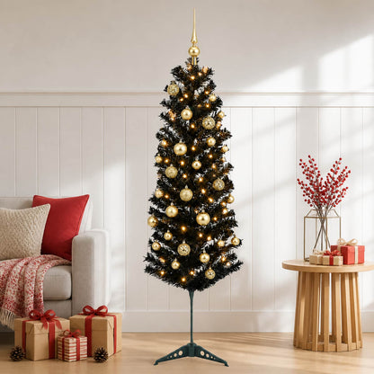 vidaXL Artificial Slim Christmas Tree with Bauble 150 cm 150 LEDs 1