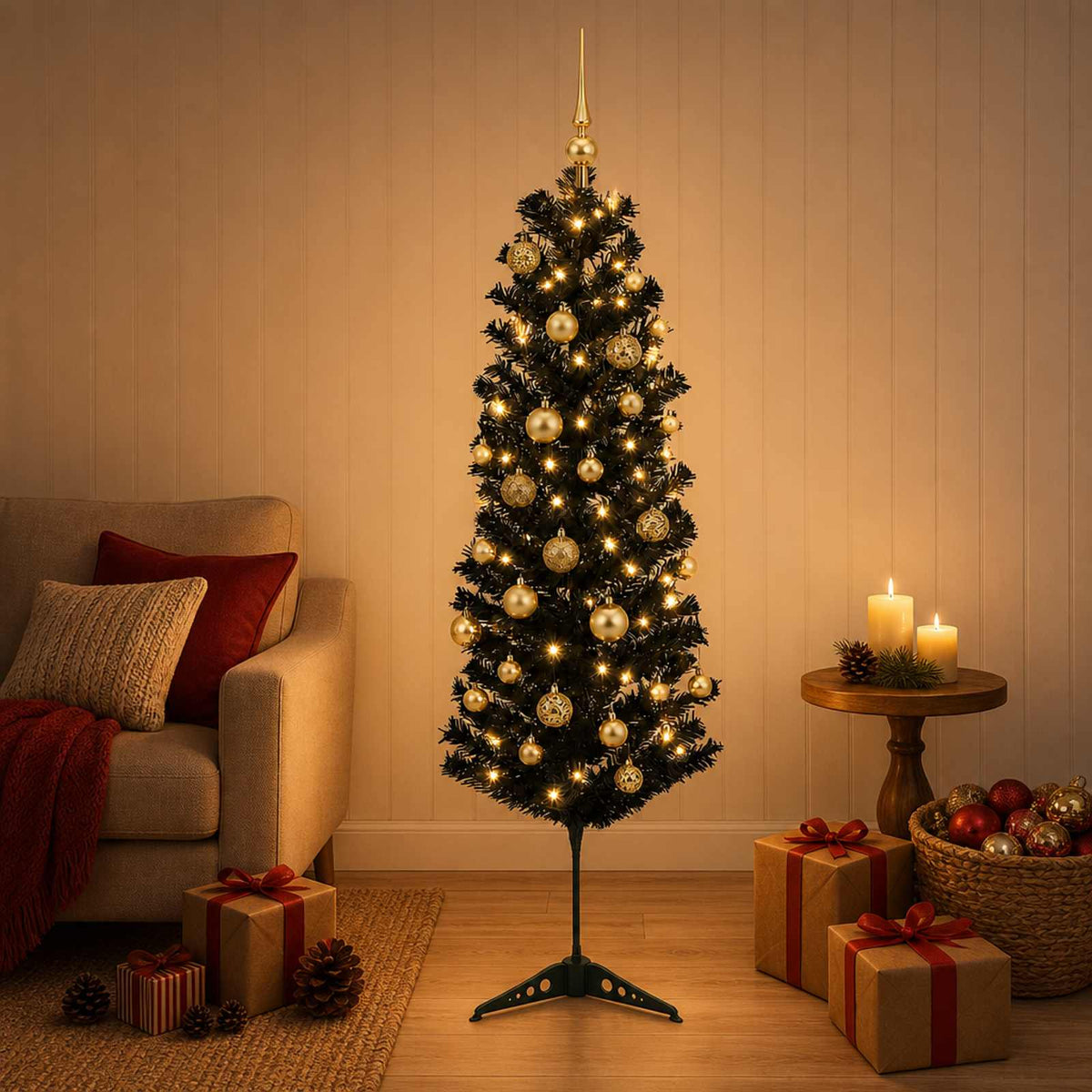 vidaXL Artificial Slim Christmas Tree with Bauble 150 cm 150 LEDs 3