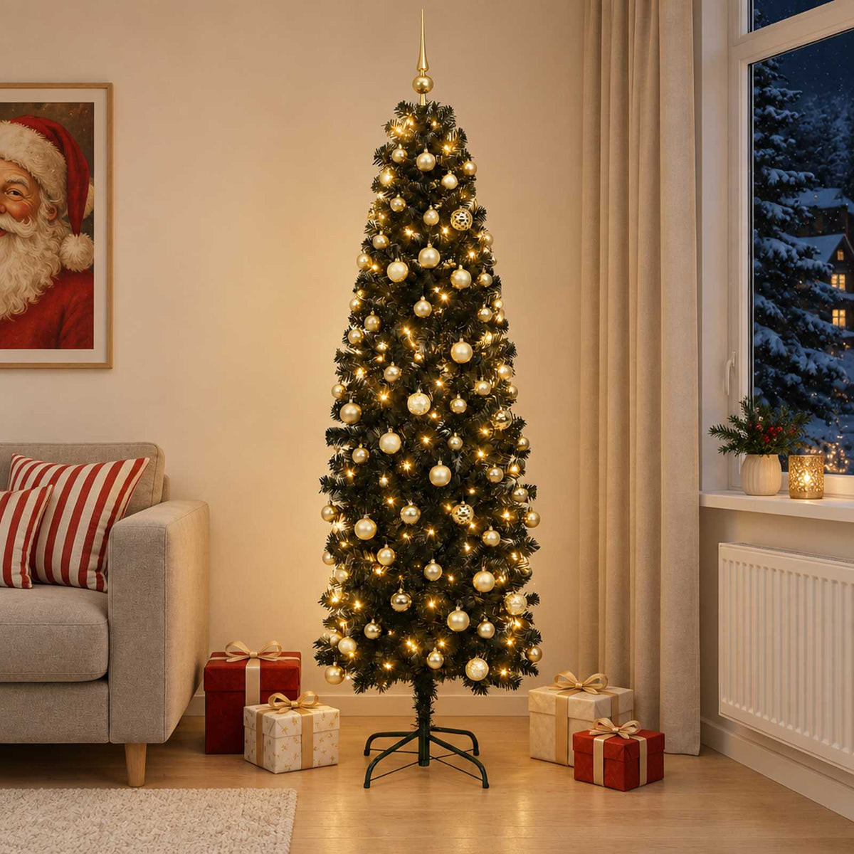 Artificial Slim Christmas Tree Bauble LEDs gold/bronze balls