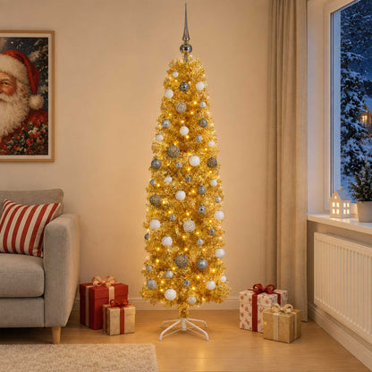 vidaXL Artificial Slim Christmas Tree with Bauble 180 cm 300 LEDs 1
